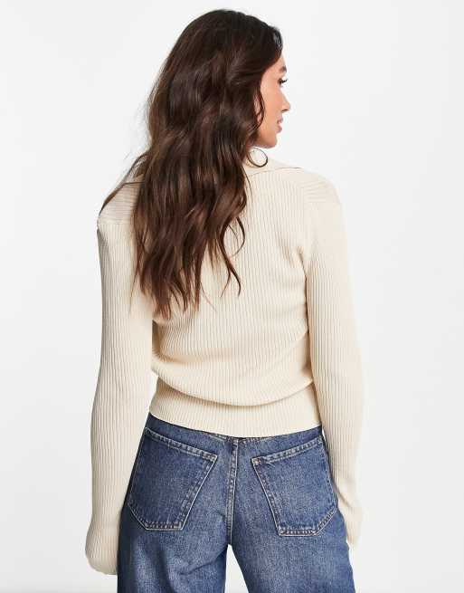 Selected knitted button through polo cardigan in sand , 3 of 4