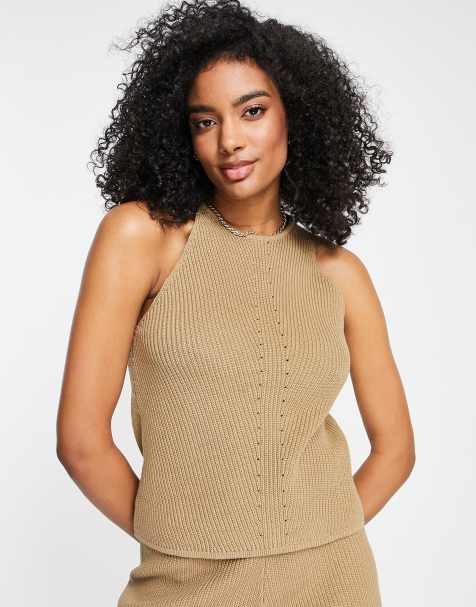 Selected knitted co-ord racer high neck top in beige - view 1