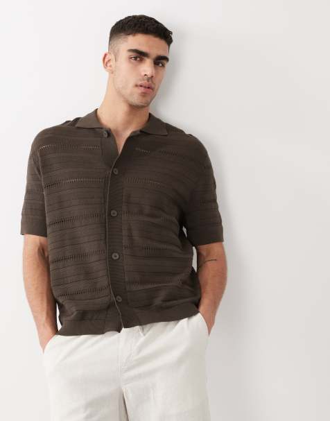 Selected knitted crochet polo in brown - view 1