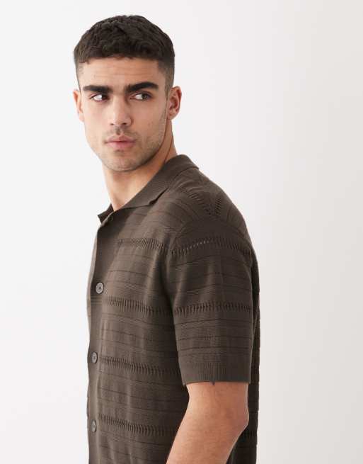 Selected knitted crochet polo in brown, 3 of 5