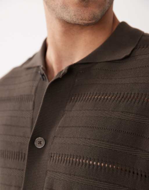 Selected knitted crochet polo in brown, 4 of 5