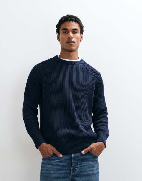 Selected knitted fisherman rib jumper in navy - view 1