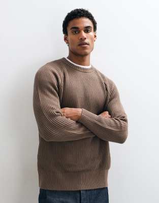 Selected Knitted Fisherman Rib Sweater In Brown