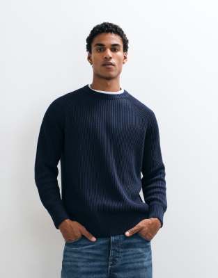 Selected Knitted Fisherman Rib Sweater In Blue