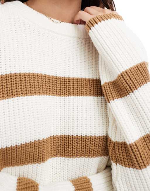 Selected knitted jumper in cream with tan stripe, 2 of 4