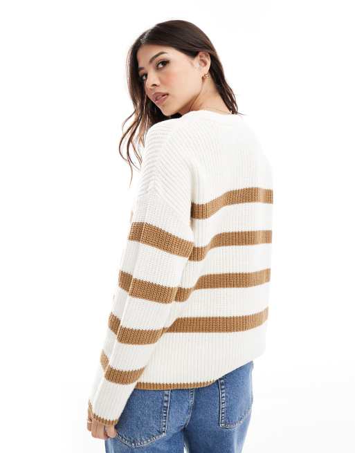 Selected knitted jumper in cream with tan stripe, 3 of 4