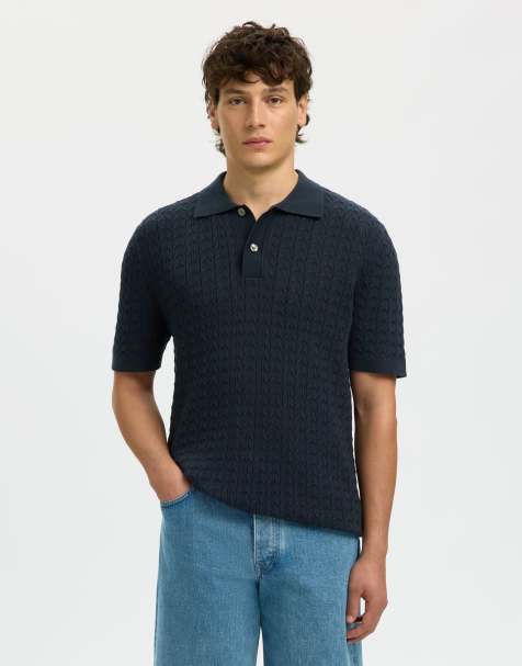 Selected Knitted polo shirt in sky captain