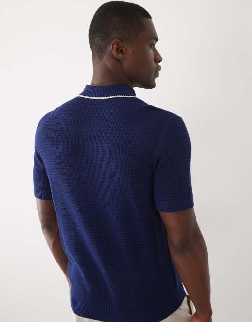 Selected knitted polo with contrast collar in dark blue, 4 of 5
