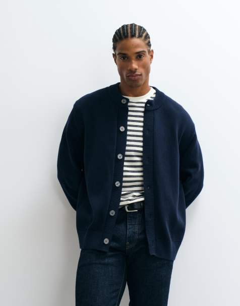 Selected knitted round neck cardigan in navy - view 1