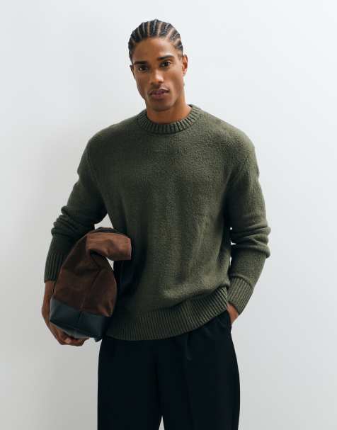 Selected knitted textured crew neck sweater in dark green - view 1
