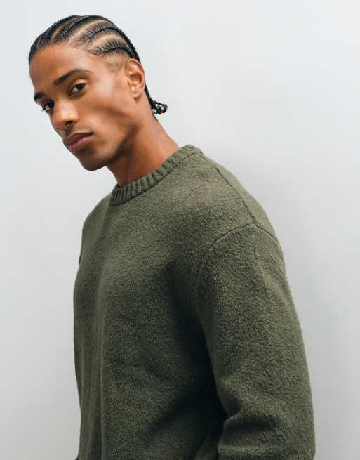 Selected knitted textured crew neck sweater in dark green, 5 of 5