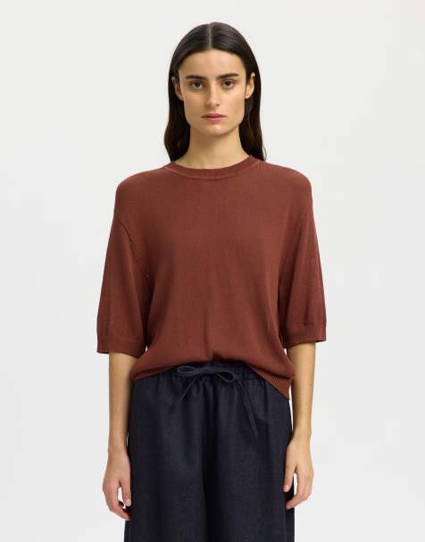 Selected Knitted top in cherry mahogany - view 1
