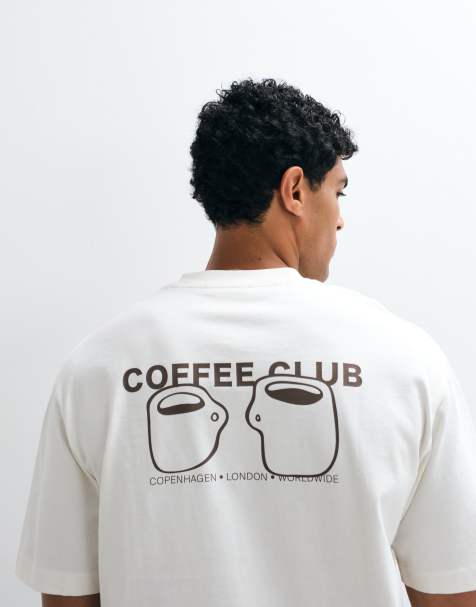 Selected kraftig boxig t-shirt med brun Coffee Club-ryggtryck i krämfärg - view 1