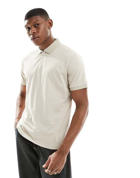 Selected half zip polo shirt in cream 
