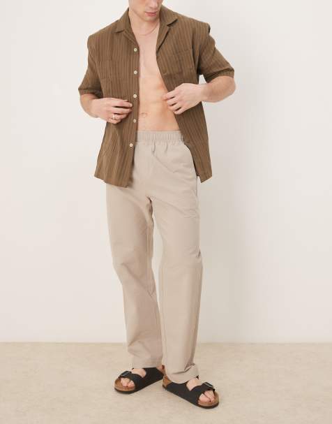 Selected straight fit seersucker trousers in cream 
