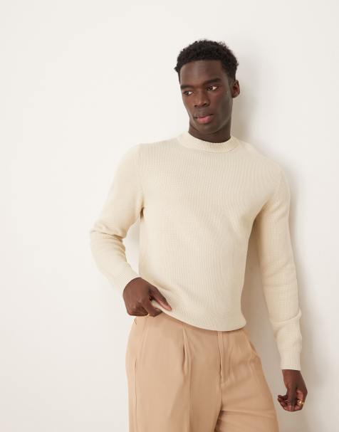 Selected 100% cotton knitted crew neck jumper in cream 