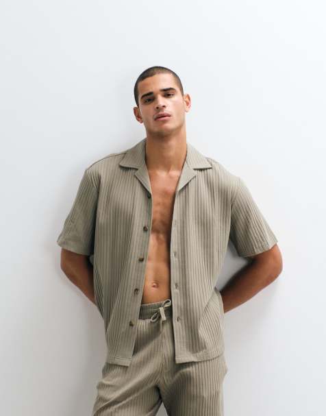 Selected – Kurzärmliges, geripptes Hemd in Khaki, Kombiteil - view 1