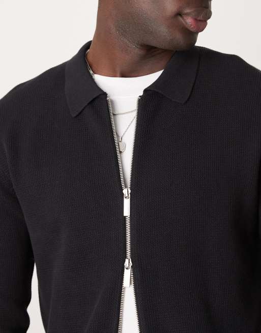 Selected – Langärmliges, gestricktes Polohemd in Schwarz mit Reißverschluss, 3 von 4