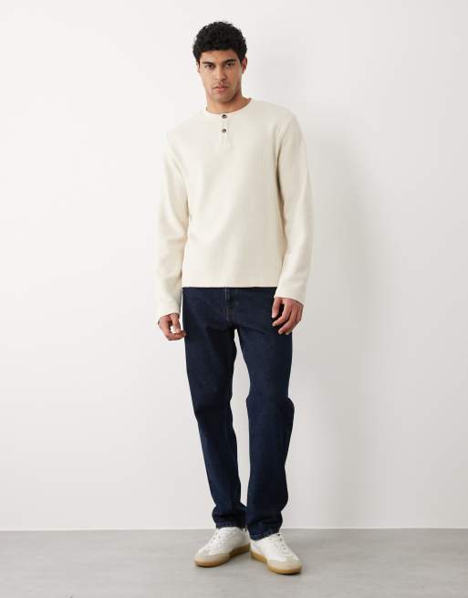 Selected – Langärmliges Henley-Shirt aus schwerem Stoff in Cremeweiß mit Waffelstruktur, 2 von 5