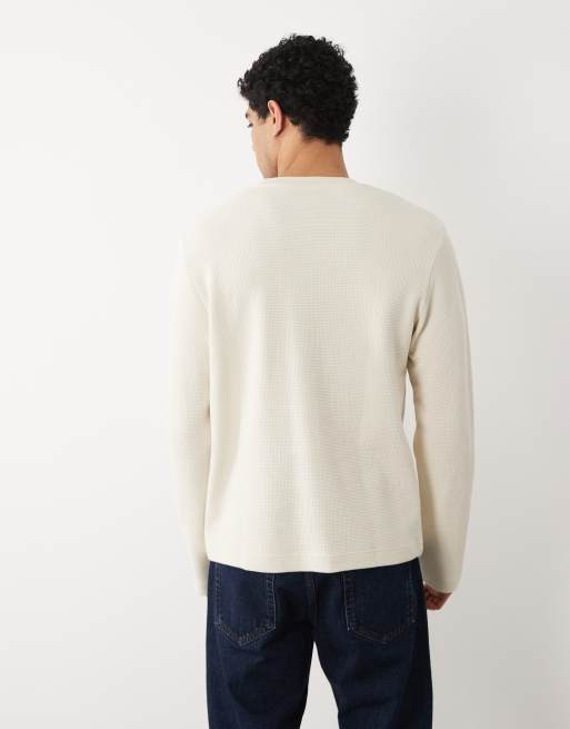 Selected – Langärmliges Henley-Shirt aus schwerem Stoff in Cremeweiß mit Waffelstruktur, 5 von 5