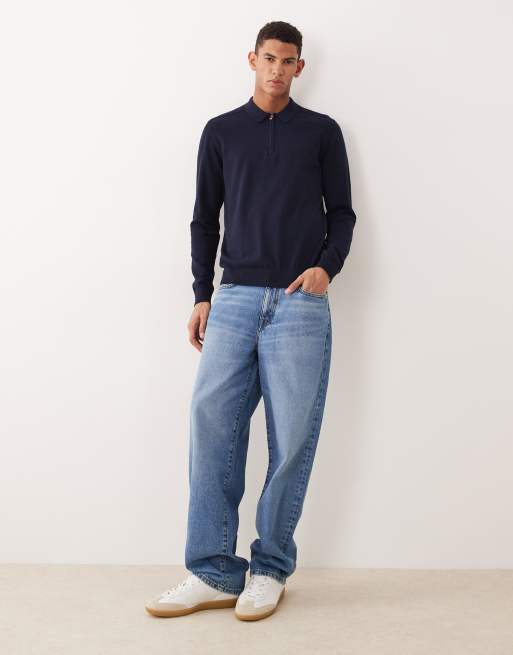 Selected – Langärmliges Polohemd aus 100% Baumwolle in Marineblau mit kurzem Reißverschluss, 2 von 5