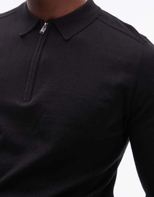 Selected – Langärmliges Polohemd aus 100% Baumwolle in Schwarz mit kurzem Reißverschluss , 3 von 4