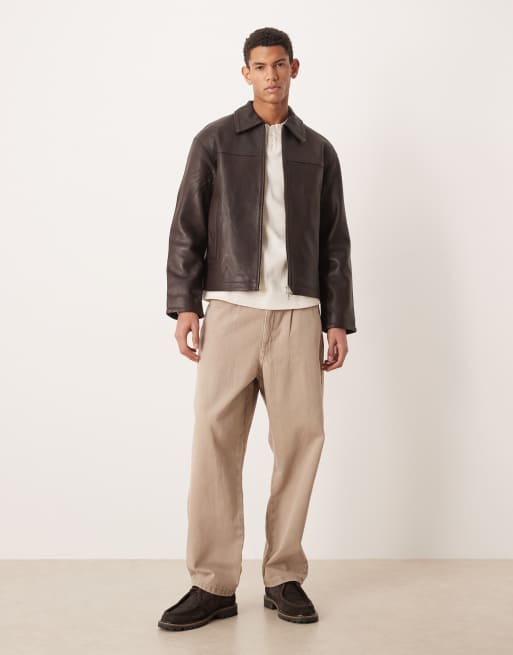 Selected leather zip jacket in brown, 2 of 5