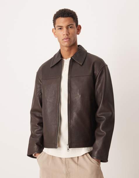 Selected – Lederjacke in Braun mit Reißverschluss - view 1