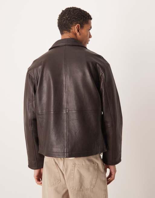 Selected – Lederjacke in Braun mit Reißverschluss, 3 von 5