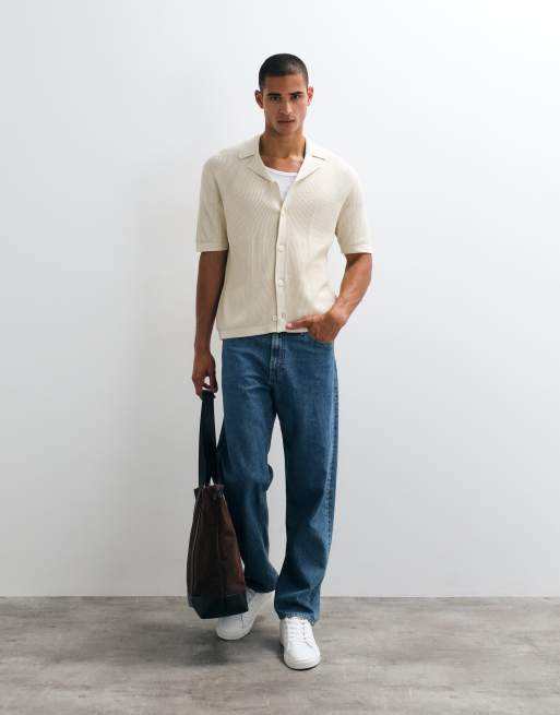 Selected light knit button shirt in beige, 2 of 5