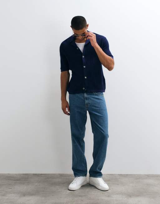 Selected light knit button shirt in dark blue, 2 of 5