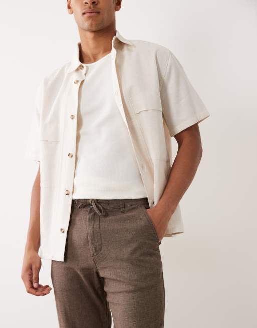 Selected linen blend drawstring trousers in brown, 2 of 5