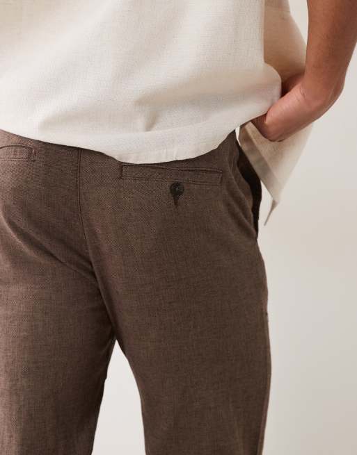 Selected linen blend drawstring trousers in brown, 4 of 5