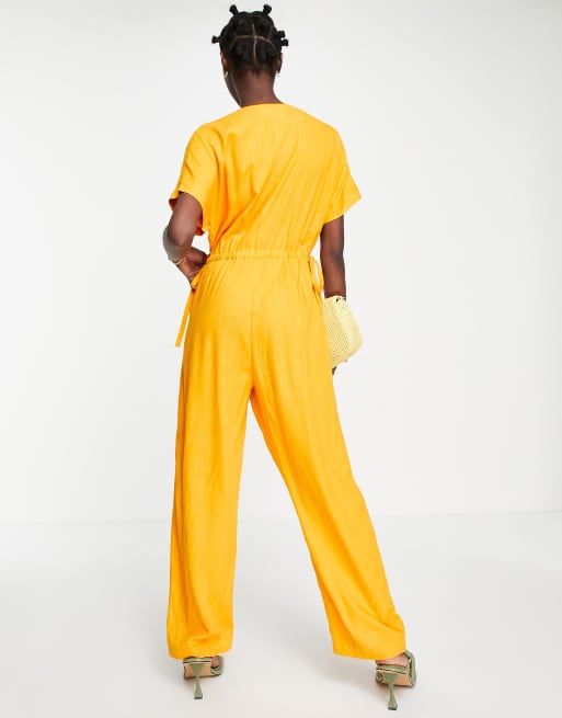 Selected linen blend jumpsuit with tie waist in orange , 2 of 4