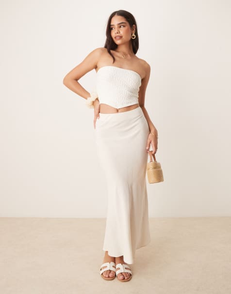 Selected linen blend long skirt in cream - view 1