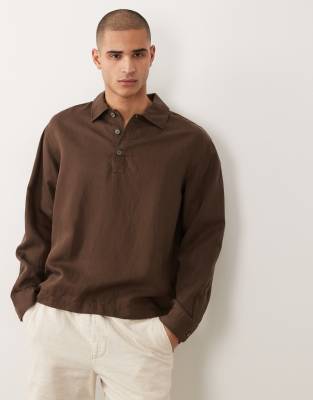 Selected linen blend long sleeve polo shirt in brown | ASOS