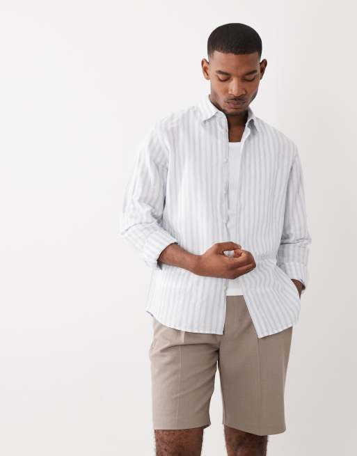 Selected linen blend long sleeve shirt in blue stripe, 3 of 5
