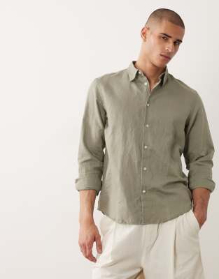 Selected Linen Blend Long Sleeve Shirt In Green