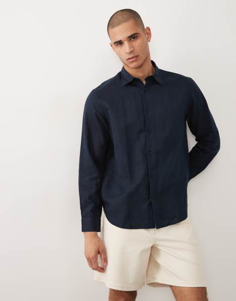 Selected linen blend long sleeve shirt in navy - view 1