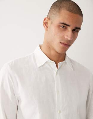 Selected Linen Blend Long Sleeve Shirt In White