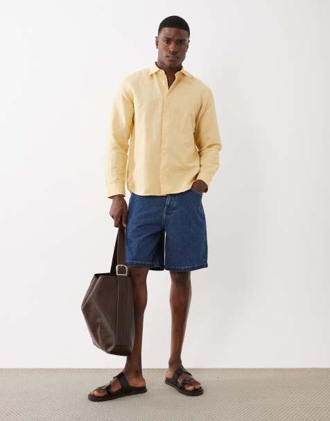 Selected linen blend long sleeve shirt in yellow - view 1