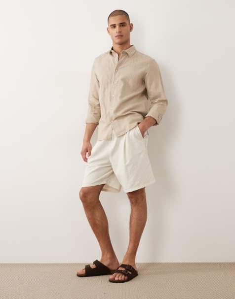 Selected linen blend long sleeved shirt in beige - view 1