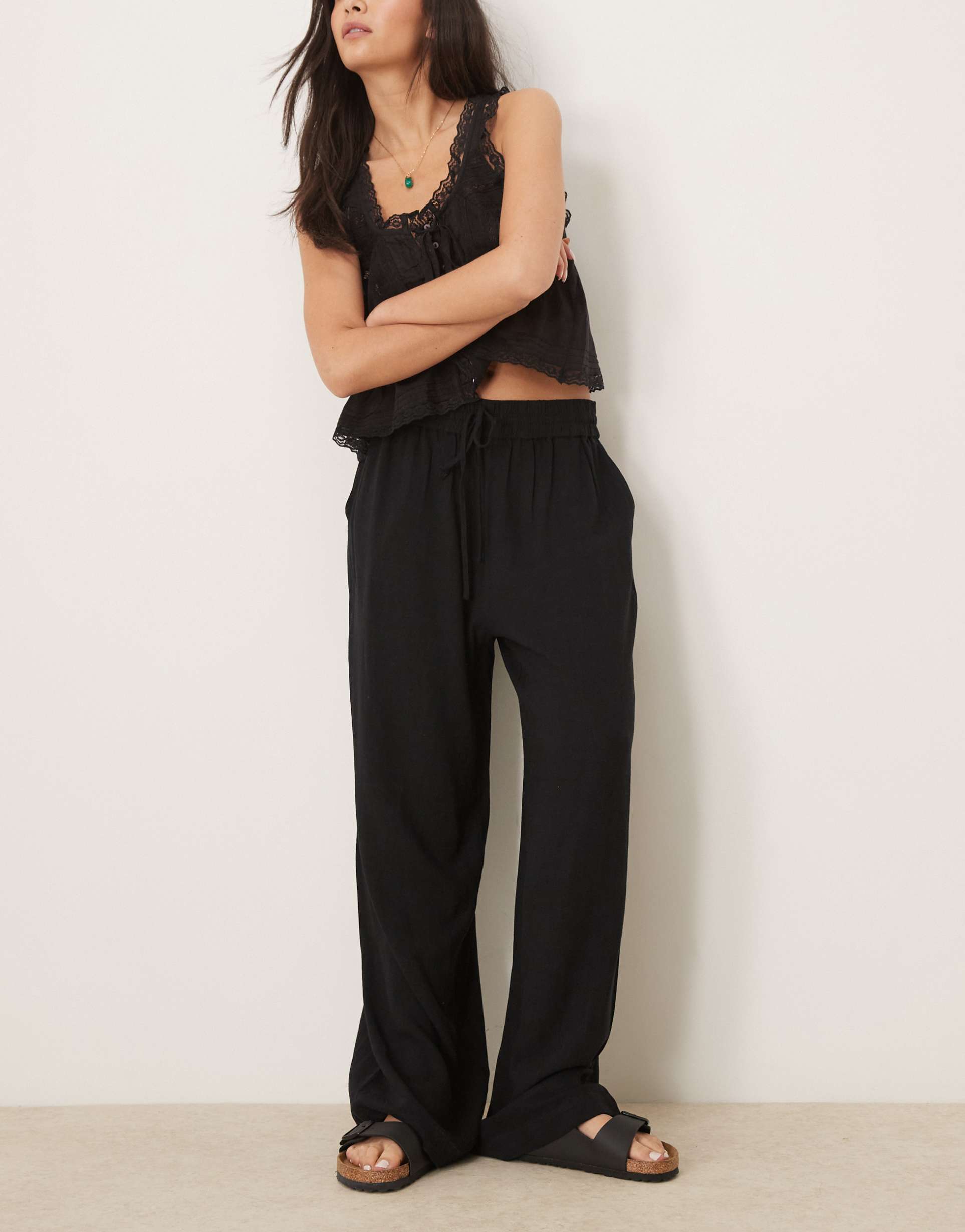 selected linen blend pants in black