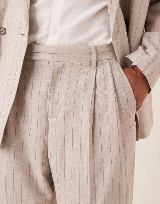 Selected linen blend relaxed fit pants in cream pinstripe , 3 of 5