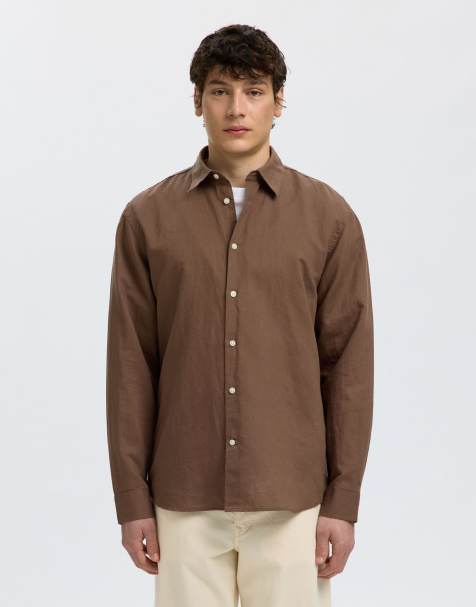 Selected Linen-blend shirt in chocolate chip - view 1