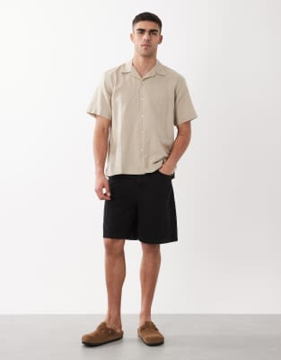 Selected Linen Blend Short Sleeve Shirt In Gray