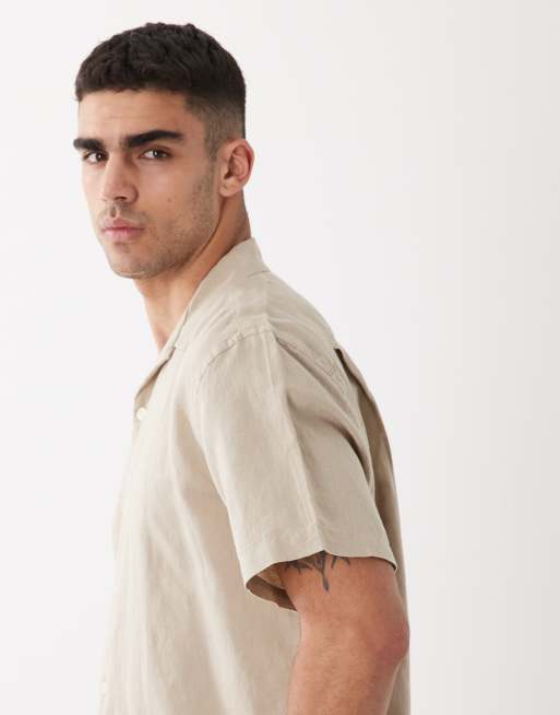 Selected linen blend short sleeve shirt in beige , 4 of 5