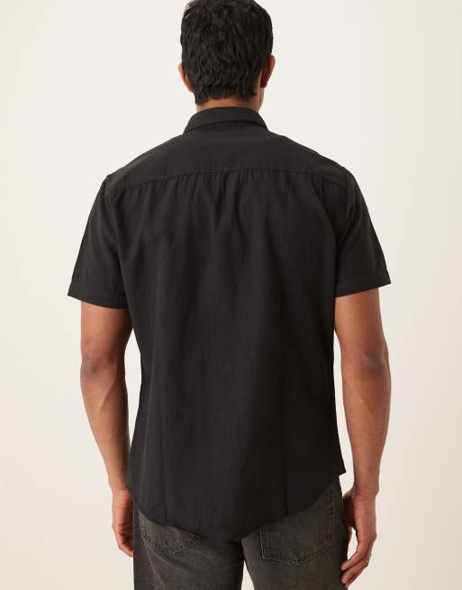 Selected linen blend short sleeve shirt in black , 4 of 4