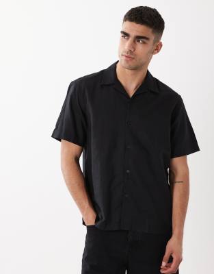 Selected Linen Blend Short Sleeve Shirt In Black