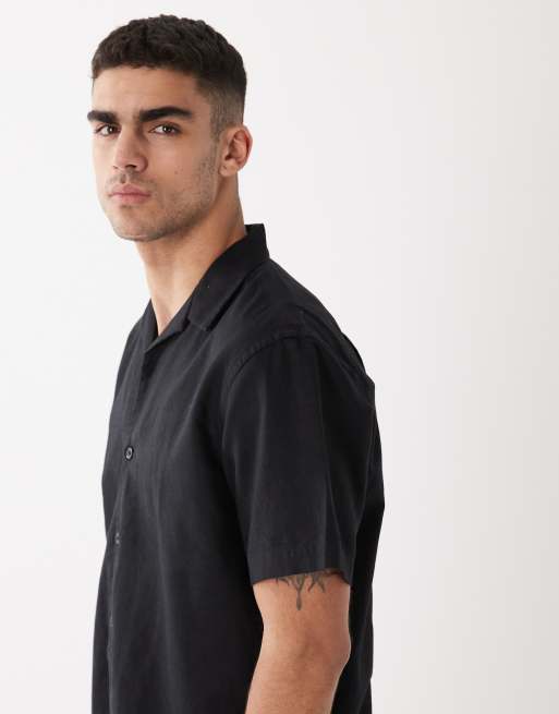 Selected linen blend short sleeve shirt in black , 4 of 5